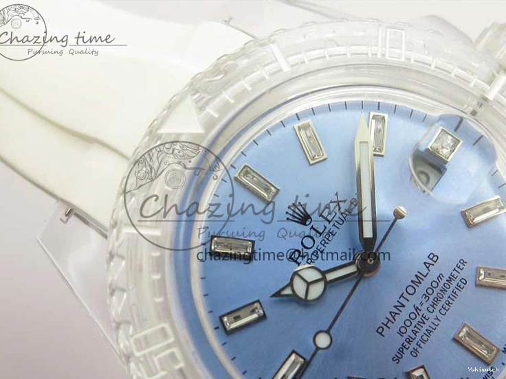 KZF Best Transparent on Phantomlab Rubber Edition VR3135 Dial Blue Light Strap White Submariner 0219